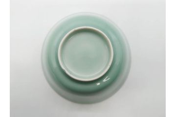 江戸期　古伊万里　青磁　染付　約12cm　3.9寸　爽やかな色合いが美しい蓋付き茶碗3客セット(菱文様、植物、蓋茶碗、どんぶり、和食器、三寸九分)(R-081330)