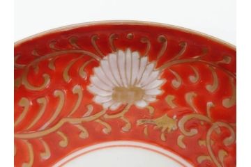 江戸期　古伊万里　赤絵　金彩　約12cm　3.9寸　食卓を華やいだ雰囲気に演出する小皿5枚セット(寿字、菊唐草文、吉祥文様、銘々皿、和皿、和食器、三寸九分)(R-081331)