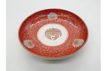 江戸期　古伊万里　赤絵　金彩　約12cm　3.9寸　食卓を華やいだ雰囲気に演出する小皿5枚セット(寿字、菊唐草文、吉祥文様、銘々皿、和皿、和食器、三寸九分)(R-081331)