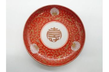 江戸期　古伊万里　赤絵　金彩　約12cm　3.9寸　食卓を華やいだ雰囲気に演出する小皿5枚セット(寿字、菊唐草文、吉祥文様、銘々皿、和皿、和食器、三寸九分)(R-081331)