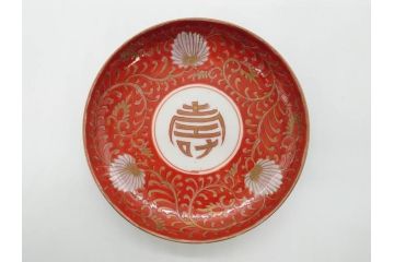 江戸期　古伊万里　赤絵　金彩　約12cm　3.9寸　食卓を華やいだ雰囲気に演出する小皿5枚セット(寿字、菊唐草文、吉祥文様、銘々皿、和皿、和食器、三寸九分)(R-081331)