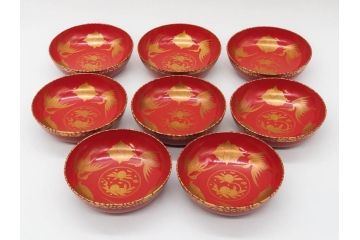 時代物　上手　輪島塗　朱塗　蒔絵　木製　優美なお椀8客セット(鶴、桃、雲、金彩、深皿、漆器、漆芸、和食器)(R-081336)