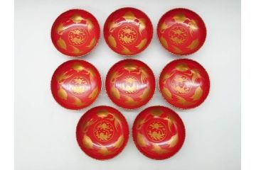 時代物　上手　輪島塗　朱塗　蒔絵　木製　優美なお椀8客セット(鶴、桃、雲、金彩、深皿、漆器、漆芸、和食器)(R-081336)