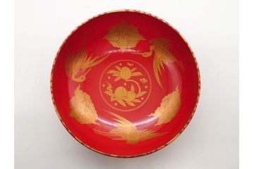 時代物　上手　輪島塗　朱塗　蒔絵　木製　優美なお椀8客セット(鶴、桃、雲、金彩、深皿、漆器、漆芸、和食器)(R-081336)