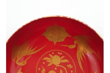 時代物　上手　輪島塗　朱塗　蒔絵　木製　優美なお椀8客セット(鶴、桃、雲、金彩、深皿、漆器、漆芸、和食器)(R-081336)