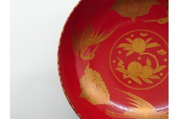 時代物　上手　輪島塗　朱塗　蒔絵　木製　優美なお椀8客セット(鶴、桃、雲、金彩、深皿、漆器、漆芸、和食器)(R-081336)