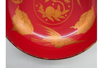 時代物　上手　輪島塗　朱塗　蒔絵　木製　優美なお椀8客セット(鶴、桃、雲、金彩、深皿、漆器、漆芸、和食器)(R-081336)