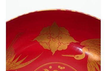 時代物　上手　輪島塗　朱塗　蒔絵　木製　優美なお椀8客セット(鶴、桃、雲、金彩、深皿、漆器、漆芸、和食器)(R-081336)