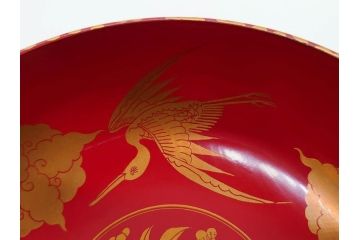 時代物　上手　輪島塗　朱塗　蒔絵　木製　優美なお椀8客セット(鶴、桃、雲、金彩、深皿、漆器、漆芸、和食器)(R-081336)
