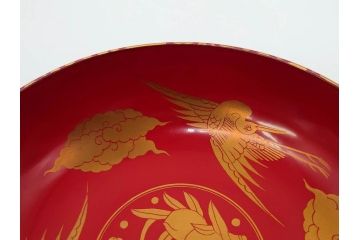 時代物　上手　輪島塗　朱塗　蒔絵　木製　優美なお椀8客セット(鶴、桃、雲、金彩、深皿、漆器、漆芸、和食器)(R-081336)