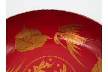 時代物　上手　輪島塗　朱塗　蒔絵　木製　優美なお椀8客セット(鶴、桃、雲、金彩、深皿、漆器、漆芸、和食器)(R-081336)