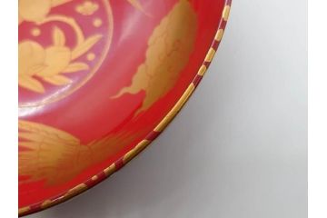 時代物　上手　輪島塗　朱塗　蒔絵　木製　優美なお椀8客セット(鶴、桃、雲、金彩、深皿、漆器、漆芸、和食器)(R-081336)