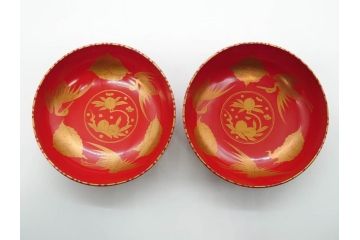 時代物　上手　輪島塗　朱塗　蒔絵　木製　優美なお椀8客セット(鶴、桃、雲、金彩、深皿、漆器、漆芸、和食器)(R-081336)