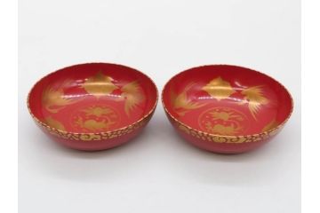 時代物　上手　輪島塗　朱塗　蒔絵　木製　優美なお椀8客セット(鶴、桃、雲、金彩、深皿、漆器、漆芸、和食器)(R-081336)