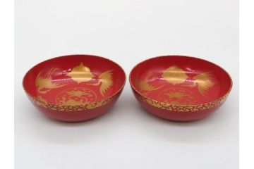時代物　上手　輪島塗　朱塗　蒔絵　木製　優美なお椀8客セット(鶴、桃、雲、金彩、深皿、漆器、漆芸、和食器)(R-081336)