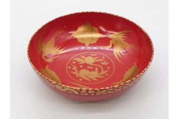 時代物　上手　輪島塗　朱塗　蒔絵　木製　優美なお椀8客セット(鶴、桃、雲、金彩、深皿、漆器、漆芸、和食器)(R-081336)