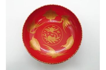 時代物　上手　輪島塗　朱塗　蒔絵　木製　優美なお椀8客セット(鶴、桃、雲、金彩、深皿、漆器、漆芸、和食器)(R-081336)