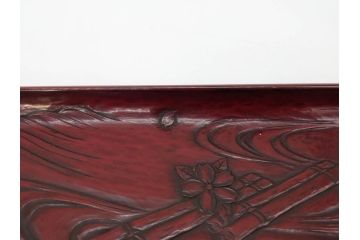 博古堂　鎌倉彫　桜花筏流水文　美麗な彫刻が目を引く長方盆(トレイ、トレー、漆器、漆芸、木製、お盆、共箱付き)(R-081346)