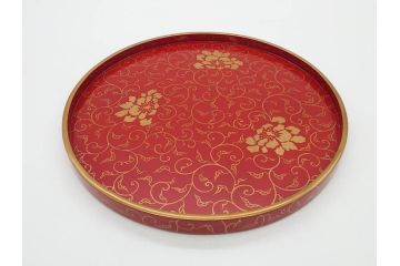 輪島塗　蒔絵　朱塗　雅な佇まいの丸盆2枚セット(お盆、トレイ、トレー、金彩、花唐草、漆器、漆芸)(R-081351)
