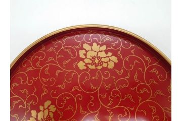 輪島塗　蒔絵　朱塗　雅な佇まいの丸盆2枚セット(お盆、トレイ、トレー、金彩、花唐草、漆器、漆芸)(R-081351)