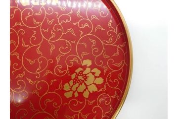 輪島塗　蒔絵　朱塗　雅な佇まいの丸盆2枚セット(お盆、トレイ、トレー、金彩、花唐草、漆器、漆芸)(R-081351)