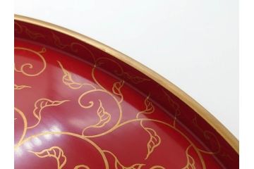 輪島塗　蒔絵　朱塗　雅な佇まいの丸盆2枚セット(お盆、トレイ、トレー、金彩、花唐草、漆器、漆芸)(R-081351)