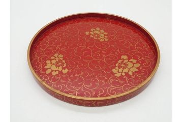 輪島塗　蒔絵　朱塗　雅な佇まいの丸盆2枚セット(お盆、トレイ、トレー、金彩、花唐草、漆器、漆芸)(R-081351)