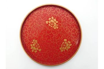 輪島塗　蒔絵　朱塗　雅な佇まいの丸盆2枚セット(お盆、トレイ、トレー、金彩、花唐草、漆器、漆芸)(R-081351)