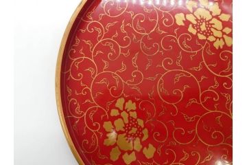 輪島塗　蒔絵　朱塗　雅な佇まいの丸盆2枚セット(お盆、トレイ、トレー、金彩、花唐草、漆器、漆芸)(R-081351)