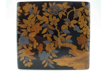 明治期　時代物　蒔絵　漆器　優美で上品な雰囲気の手箱(桜?、花、金彩、木製、漆芸、漆器、文箱、収納箱、手許箱、紐付き)(R-081352)