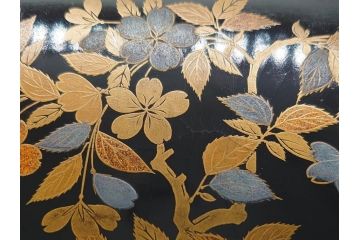 明治期　時代物　蒔絵　漆器　優美で上品な雰囲気の手箱(桜?、花、金彩、木製、漆芸、漆器、文箱、収納箱、手許箱、紐付き)(R-081352)