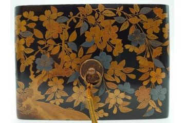明治期　時代物　蒔絵　漆器　優美で上品な雰囲気の手箱(桜?、花、金彩、木製、漆芸、漆器、文箱、収納箱、手許箱、紐付き)(R-081352)