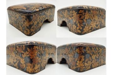明治期　時代物　蒔絵　漆器　優美で上品な雰囲気の手箱(桜?、花、金彩、木製、漆芸、漆器、文箱、収納箱、手許箱、紐付き)(R-081352)