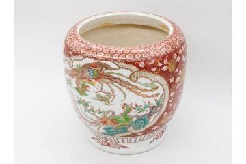 明治〜大正期　伊万里　色絵　龍　鳳凰　手あぶり　絢爛たる絵付けが見事な火鉢(赤絵、竜、金彩、花唐草、丸火鉢)(R-081362)