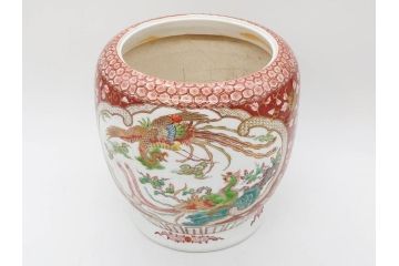明治〜大正期　伊万里　色絵　龍　鳳凰　手あぶり　絢爛たる絵付けが見事な火鉢(赤絵、竜、金彩、花唐草、丸火鉢)(R-081362)