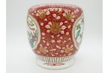 明治〜大正期　伊万里　色絵　龍　鳳凰　手あぶり　絢爛たる絵付けが見事な火鉢(赤絵、竜、金彩、花唐草、丸火鉢)(R-081362)