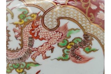 明治〜大正期　伊万里　色絵　龍　鳳凰　手あぶり　絢爛たる絵付けが見事な火鉢(赤絵、竜、金彩、花唐草、丸火鉢)(R-081362)