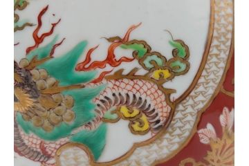明治〜大正期　伊万里　色絵　龍　鳳凰　手あぶり　絢爛たる絵付けが見事な火鉢(赤絵、竜、金彩、花唐草、丸火鉢)(R-081362)
