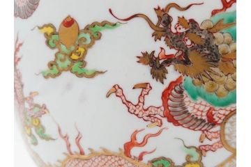 明治〜大正期　伊万里　色絵　龍　鳳凰　手あぶり　絢爛たる絵付けが見事な火鉢(赤絵、竜、金彩、花唐草、丸火鉢)(R-081362)