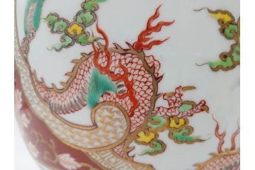 明治〜大正期　伊万里　色絵　龍　鳳凰　手あぶり　絢爛たる絵付けが見事な火鉢(赤絵、竜、金彩、花唐草、丸火鉢)(R-081362)