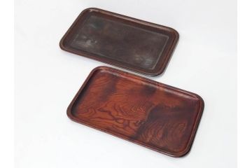時代物　肥松盆　角盆　煎茶盆　茶道具　味わい深いお盆2点セット(木製、トレイ、トレー)(R-081365)