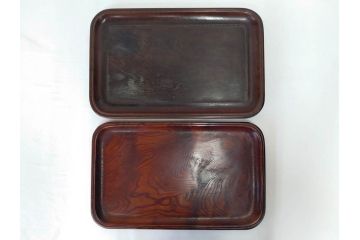 時代物　肥松盆　角盆　煎茶盆　茶道具　味わい深いお盆2点セット(木製、トレイ、トレー)(R-081365)