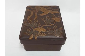 時代物　明治期　梨地　高蒔絵　桐鳳凰図　雅趣に富んだ硯箱(菊、花、風景、木製、漆器、漆芸、書道具、水差、水滴)(R-081386)