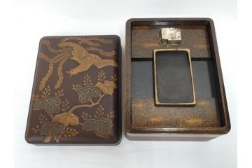時代物　明治期　梨地　高蒔絵　桐鳳凰図　雅趣に富んだ硯箱(菊、花、風景、木製、漆器、漆芸、書道具、水差、水滴)(R-081386)