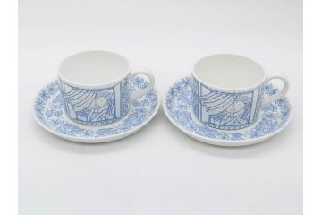 ビンテージ　スウェーデン　GUSTAVSBERG(グスタフスベリ)　BORO(ボロ)　食卓を和やかに演出するカップ&ソーサー2客セット(ヴィンテージ、Stig Lindberg、スティグ・リンドベリ、S&C、碗皿、洋食器、北欧)(R-081392)