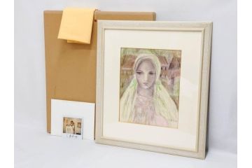 真作　CLAIRE ASTAIX　クレール・アステックス　「緑のベール」　サイン入り　パステル画(人物、女性、写真付き、絵画、額装、外箱付き)(R-081398)