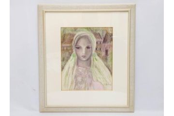 真作　CLAIRE ASTAIX　クレール・アステックス　「緑のベール」　サイン入り　パステル画(人物、女性、写真付き、絵画、額装、外箱付き)(R-081398)