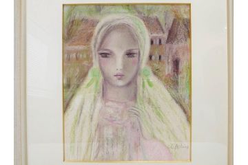 真作　CLAIRE ASTAIX　クレール・アステックス　「緑のベール」　サイン入り　パステル画(人物、女性、写真付き、絵画、額装、外箱付き)(R-081398)