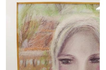 真作　CLAIRE ASTAIX　クレール・アステックス　「緑のベール」　サイン入り　パステル画(人物、女性、写真付き、絵画、額装、外箱付き)(R-081398)