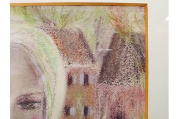 真作　CLAIRE ASTAIX　クレール・アステックス　「緑のベール」　サイン入り　パステル画(人物、女性、写真付き、絵画、額装、外箱付き)(R-081398)
